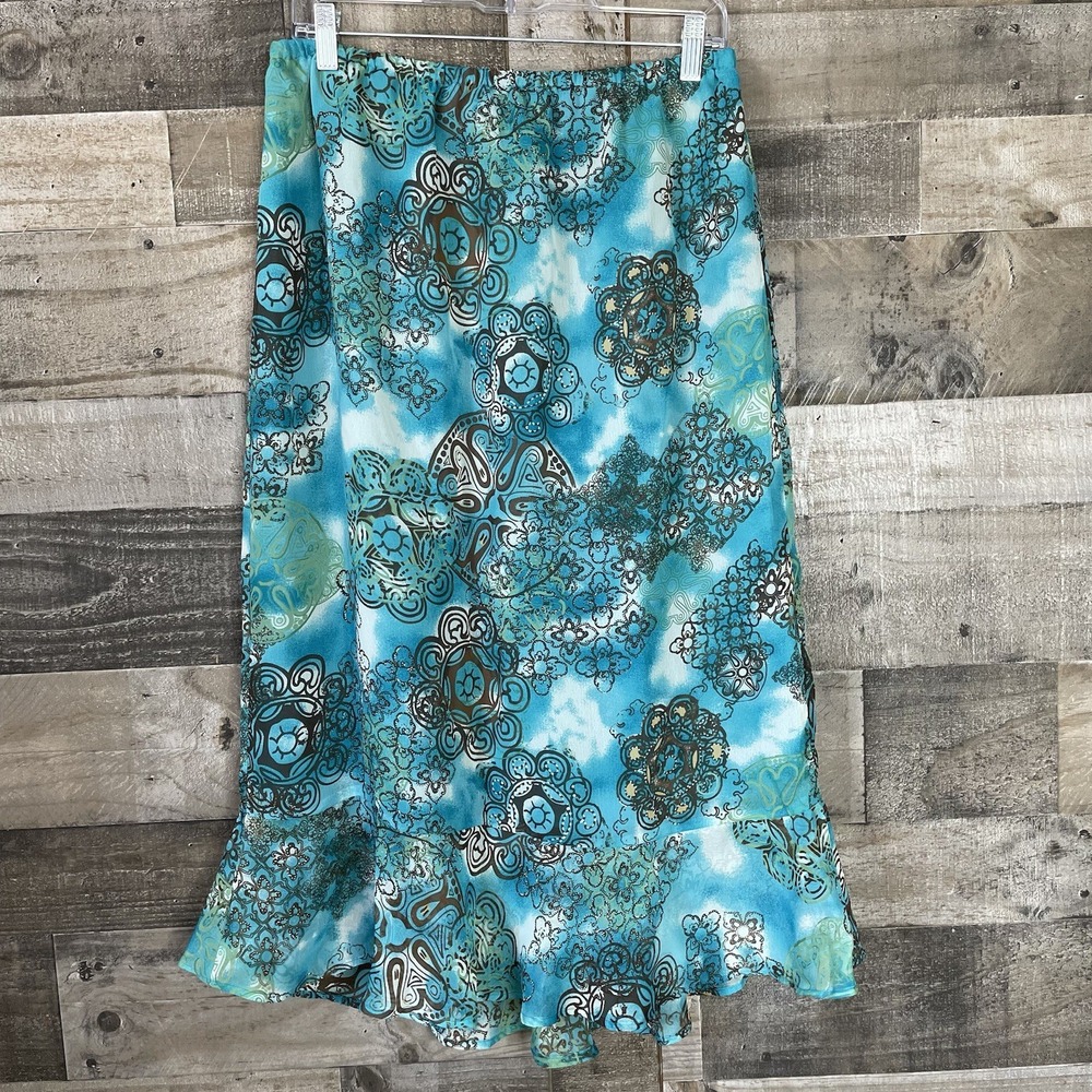 Christopher & Banks Blue Floral Rayon Maxi Skirt Size M Lined Modest Pull On